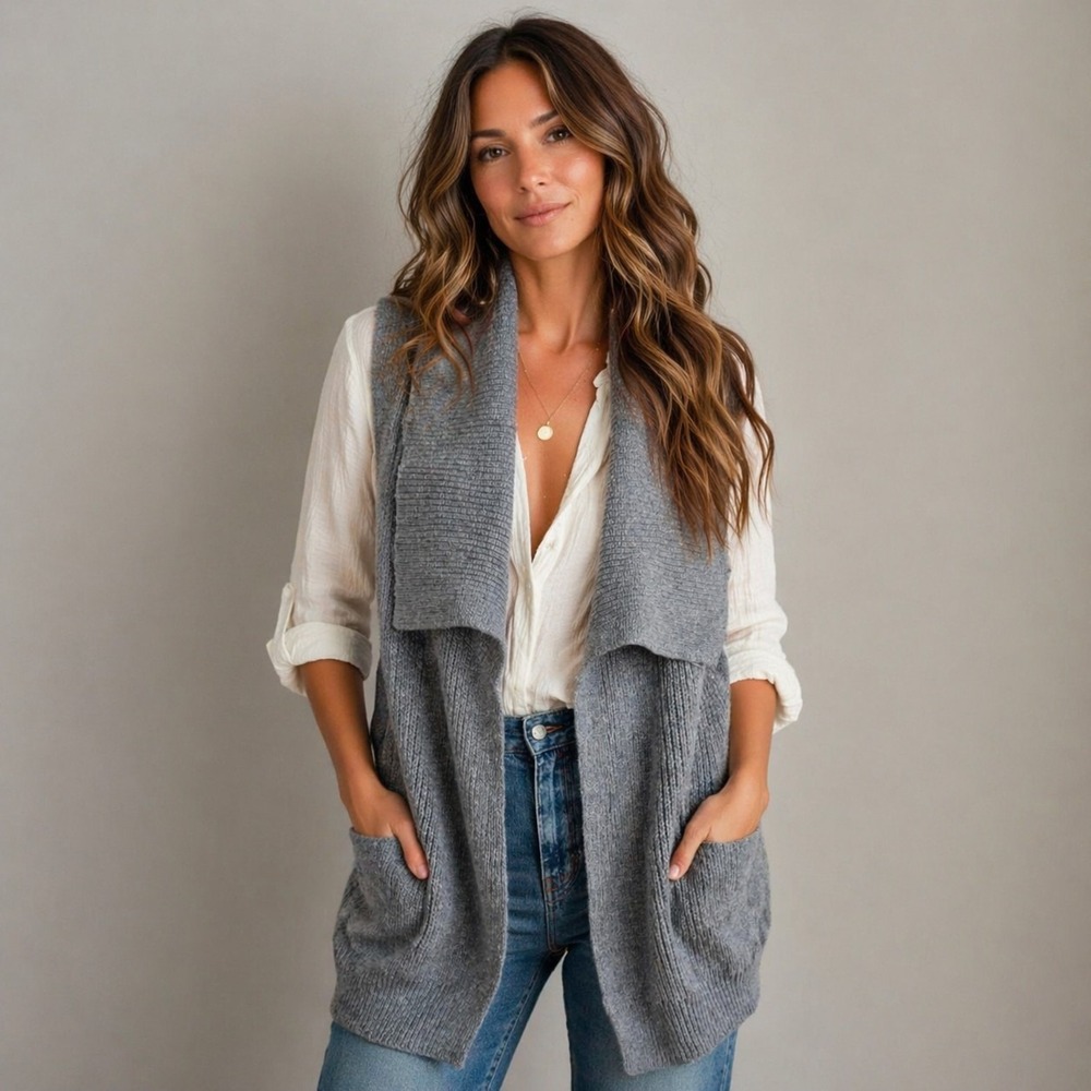 TALBOTS Size Medium Gray Lagenlook Open Front Knit Cardigan Vest has Pockets NWT